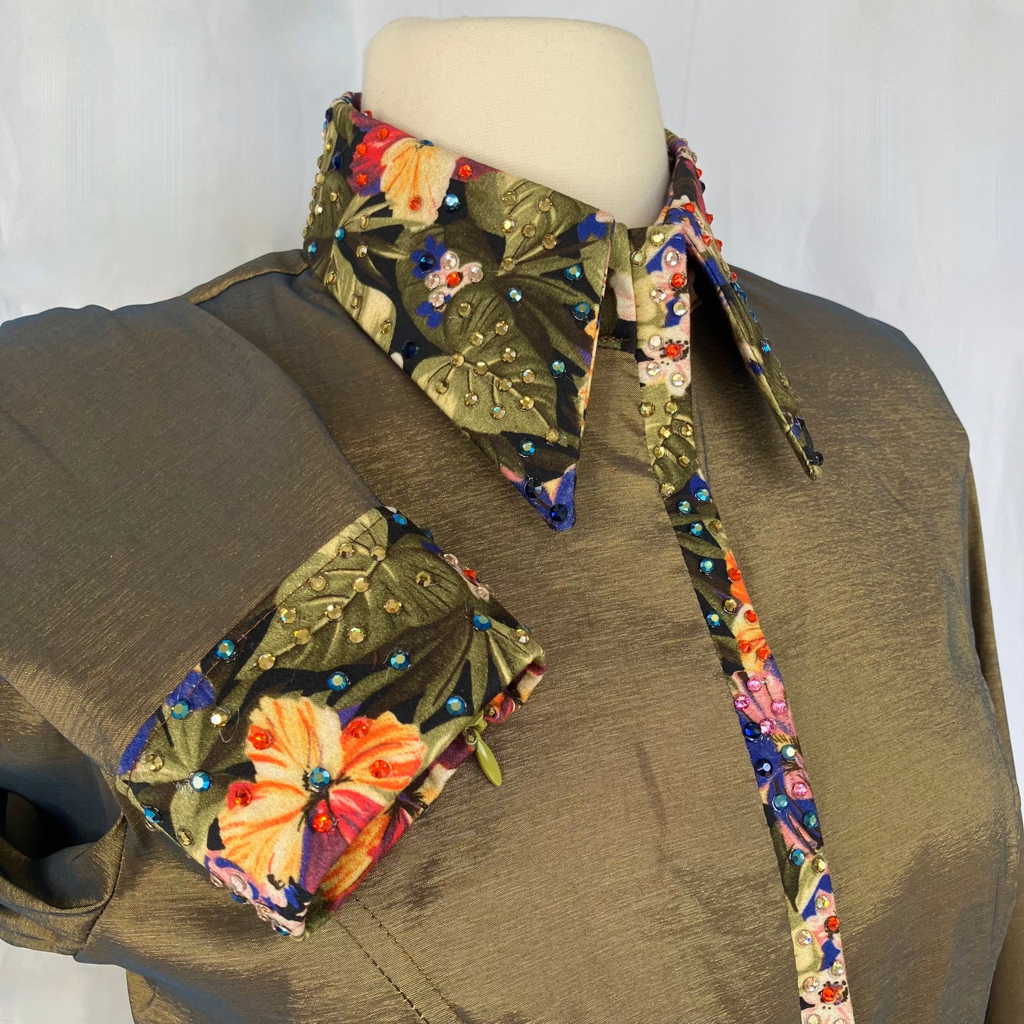 Olive Stretch Taffeta with Floral Contrast and Embedded Stones Size 4