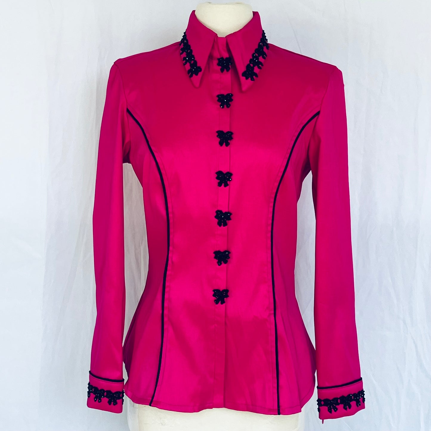 Hot Pink Stretch Mikado with Black Piping & Embroidered Bows set with Jet Rhinestones Size 6