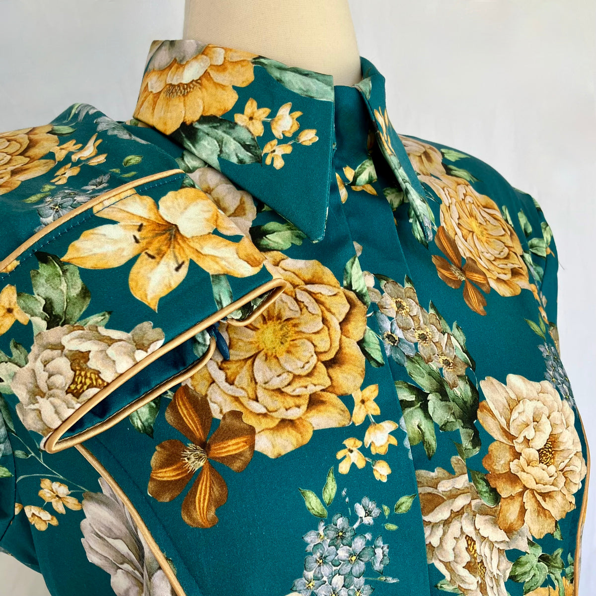 Teal Peony Floral Stretch Cotton with Taupe Piping Size 12