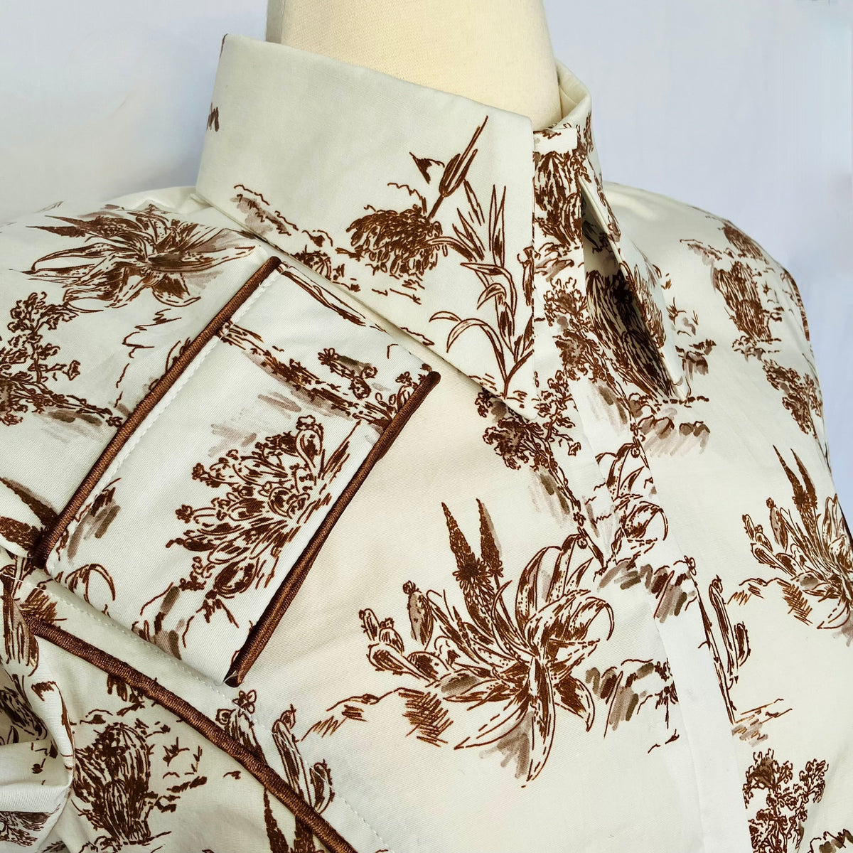 Cactus Print Stretch Cotton with Brown Piping