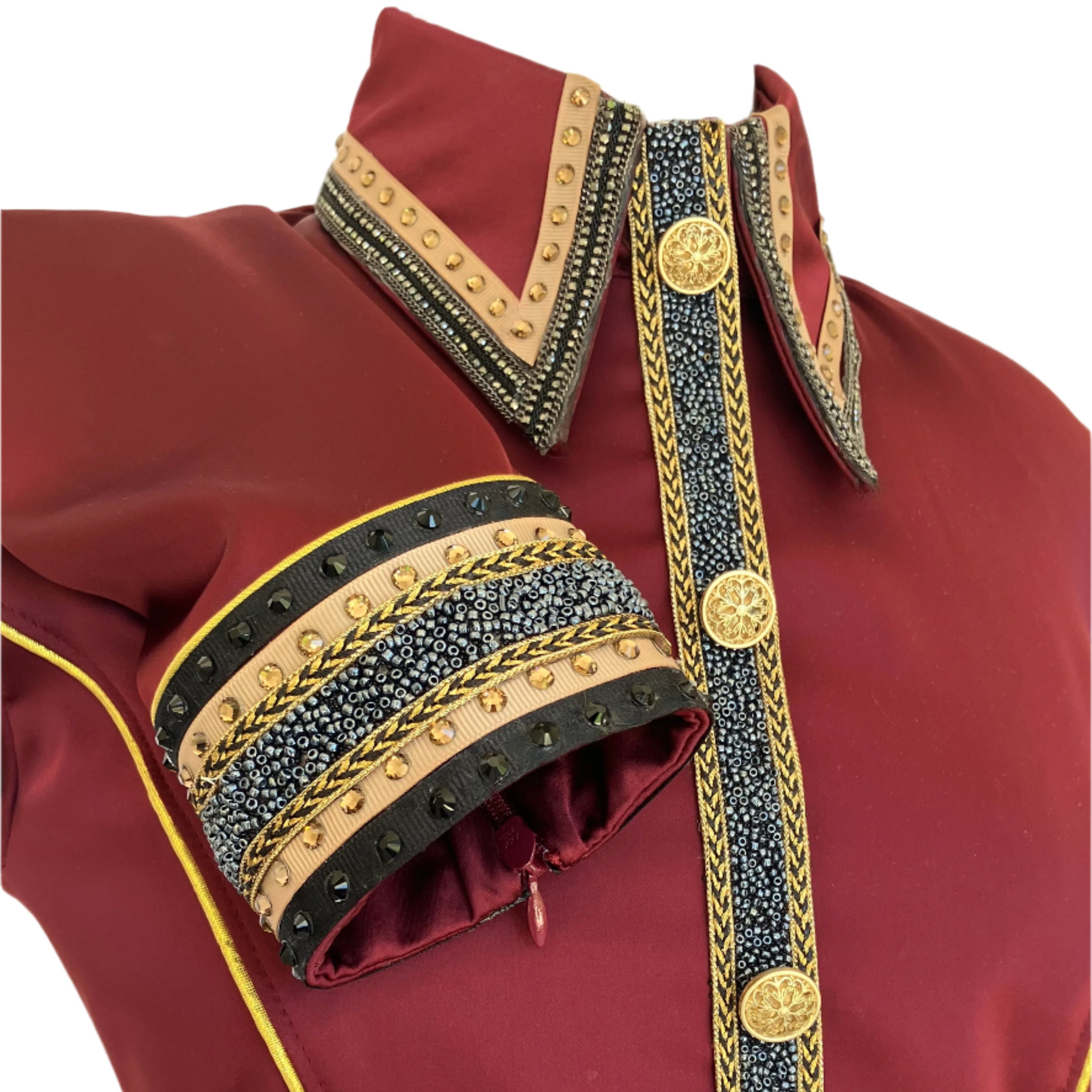 Red with gold and black decorative elements on a white background