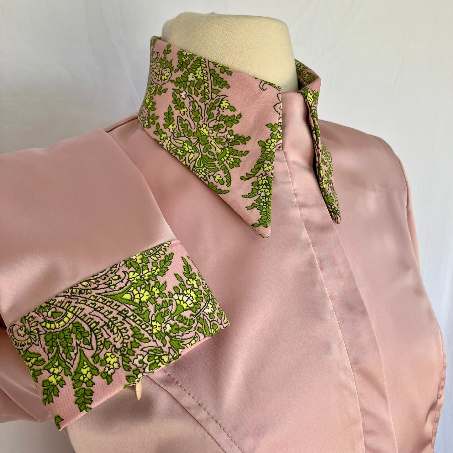 Pink Stretch Satin with Green & Pink Contrast Fabric Size 2