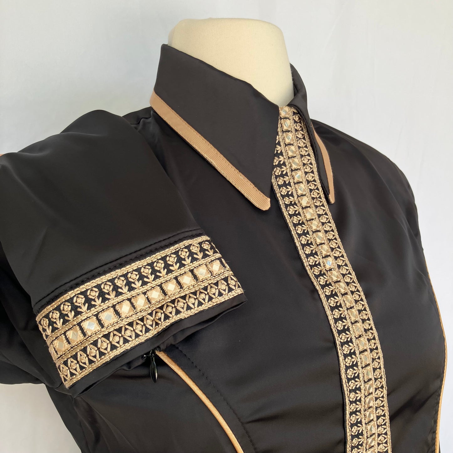 Black Stretch Satin with Taupe piping and Sari Trim Size 4