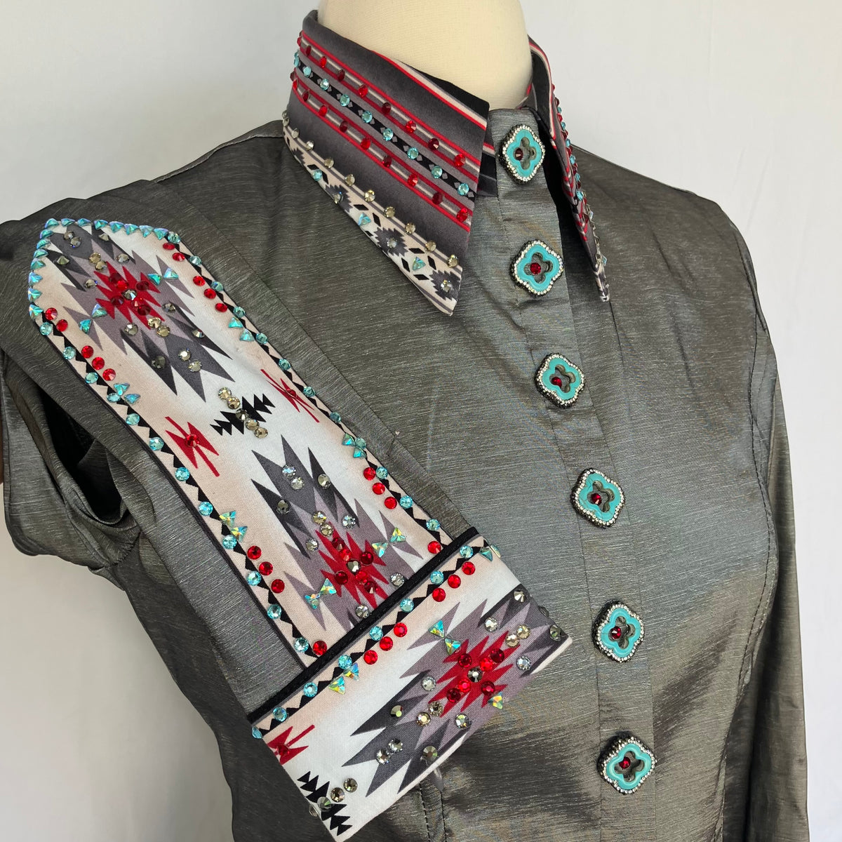 Gray Stretch Taffeta with Native American Print on Cuffs & Collar Embellished with Rhinestones and Turquoise Faux Buttons