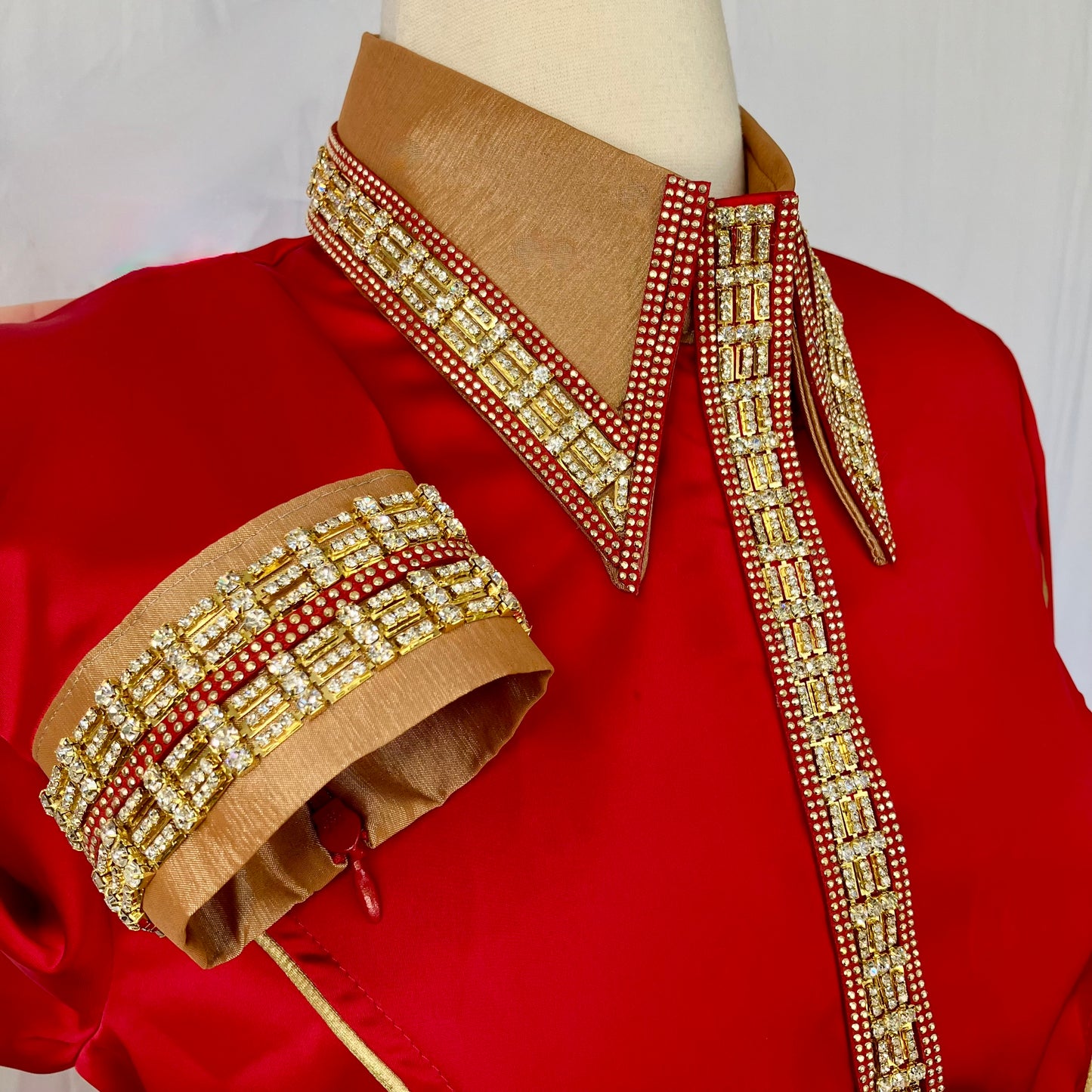 Red Stretch Satin with Gold piping, Faux Suede Stud and Rhinestone Trims,  Size 6