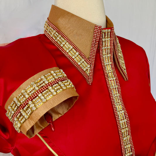 Red Stretch Satin with Gold piping, Faux Suede Stud and Rhinestone Trims,  Size 6