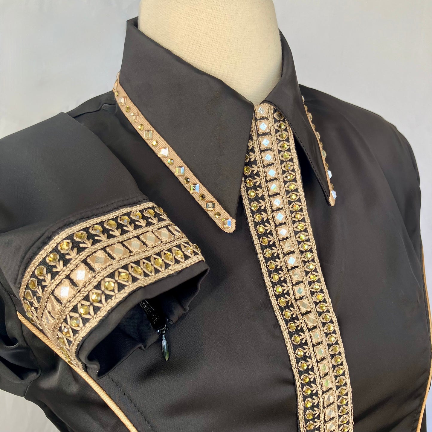 Black Stretch Satin with Taupe piping and Sari Trim Size 4