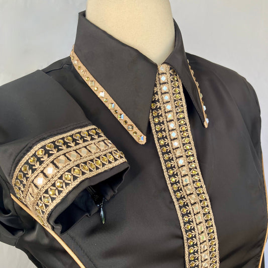 Black Stretch Satin with Taupe piping and Sari Trim Size 4