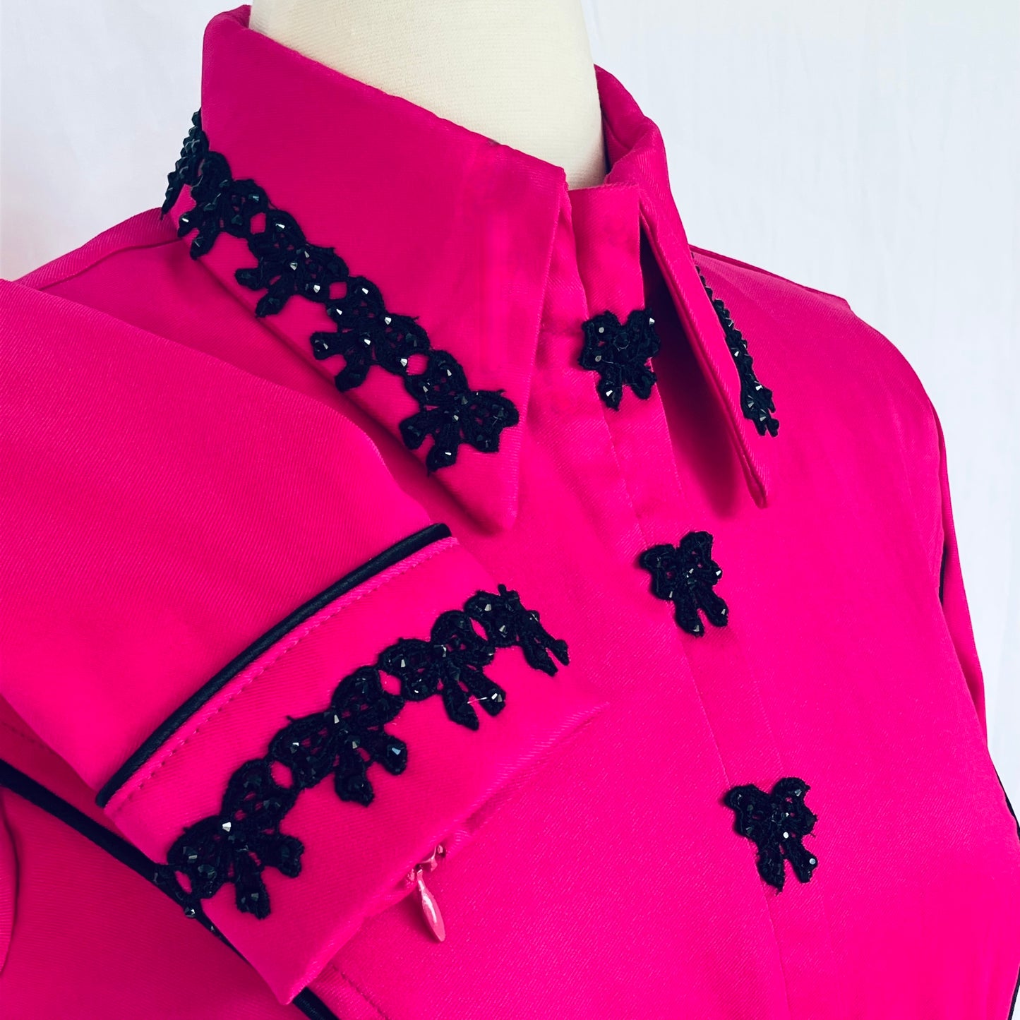 Hot Pink Stretch Mikado with Black Piping & Embroidered Bows set with Jet Rhinestones Size 6