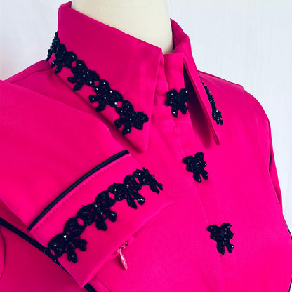 Hot Pink Stretch Mikado with Black Piping & Embroidered Bows set with Jet Rhinestones Size 6