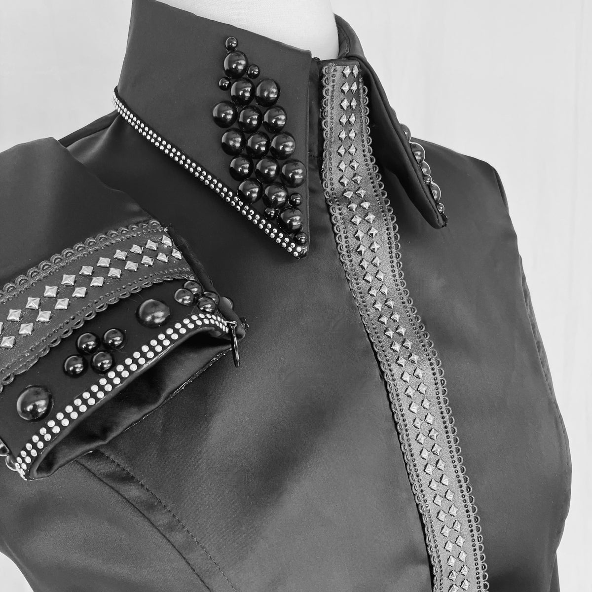 Black Satin with Faux Leather Studding and Black Pearls Size 0