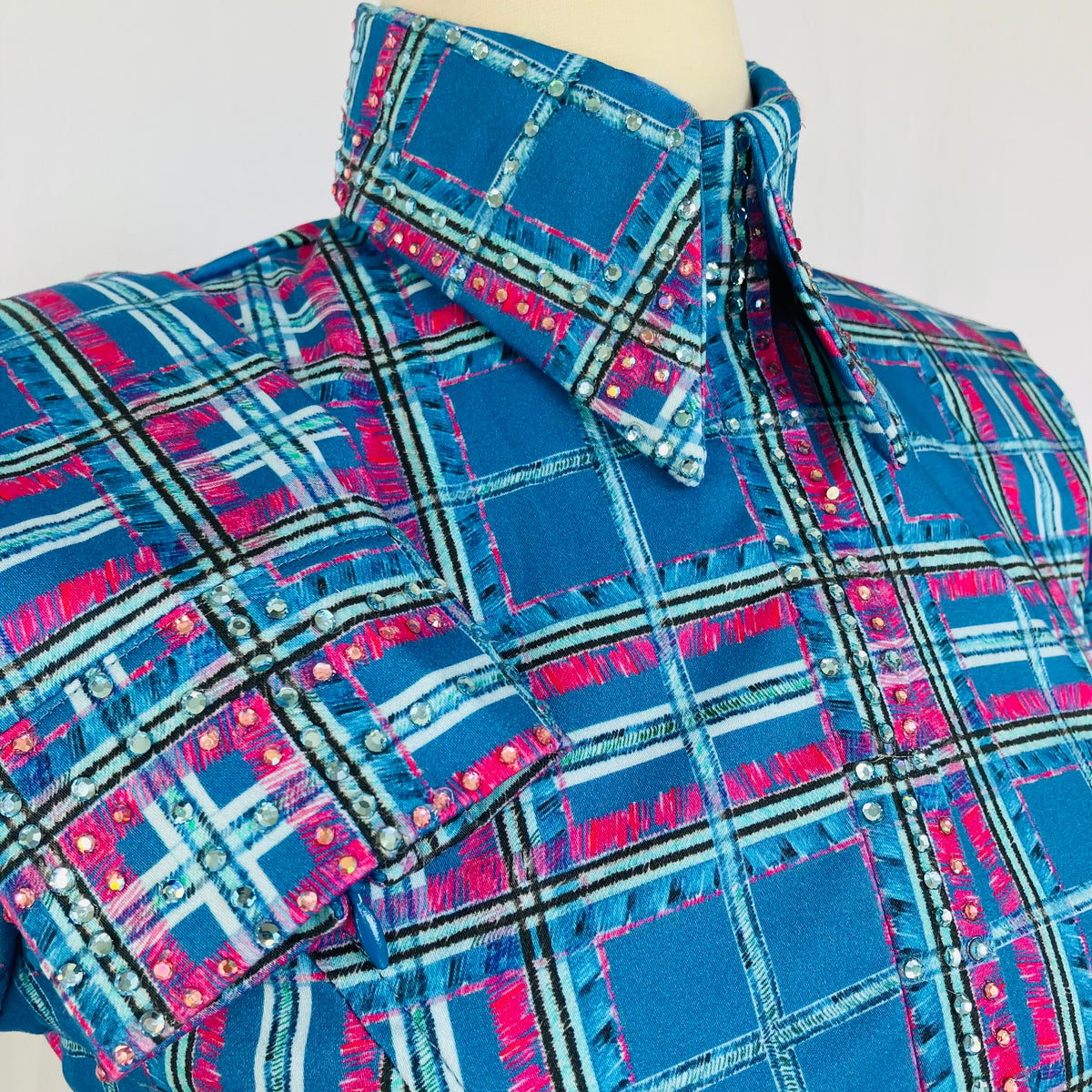Sateen Cotton Plaid with Blue and Pink Rhinestones on Cuffs, Collar & Placket Size 0