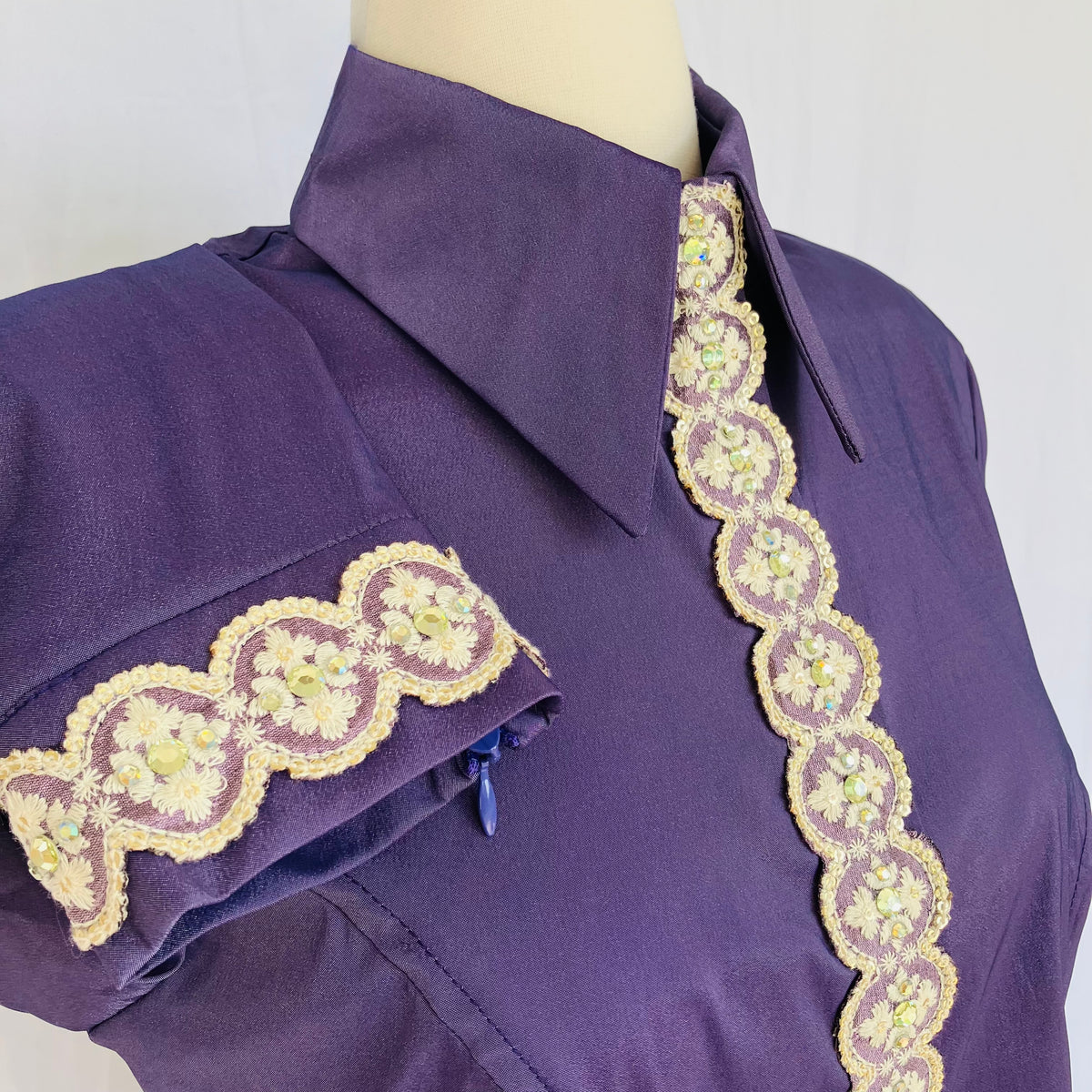 Lilac Taffeta with Sari Trim and Soft Gold Rhinestones Size 10