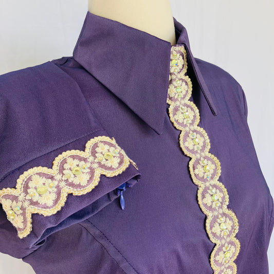 Lilac Taffeta with Sari Trim and Soft Gold Rhinestones Size 10