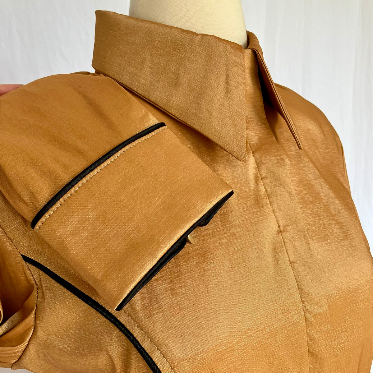 Gold Stretch Taffeta with Black Piping Size 12