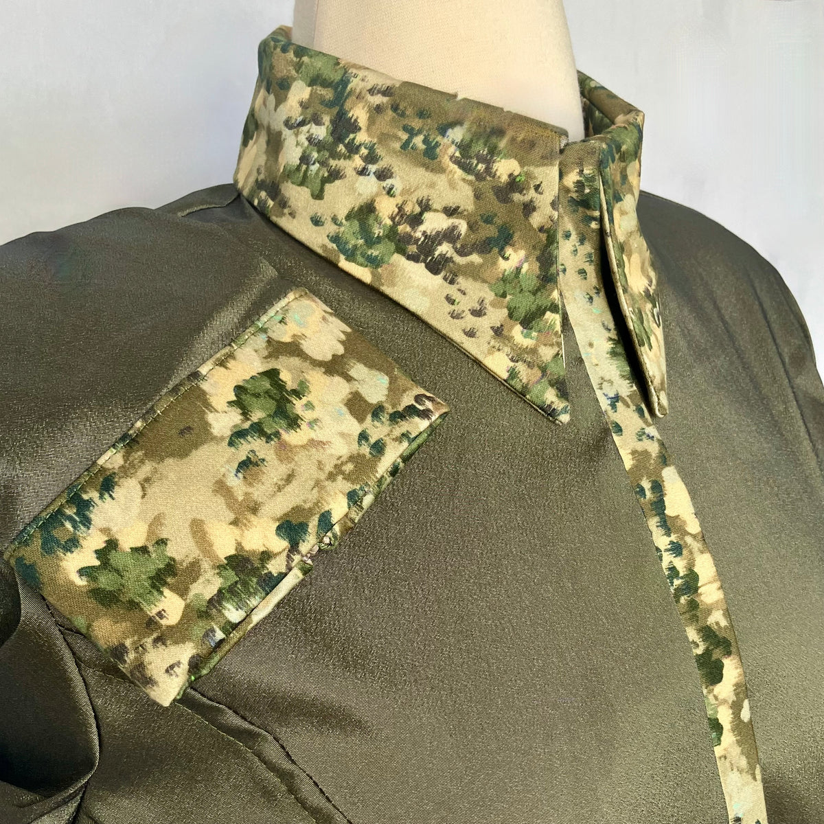 Olive Taffeta with Camouflage Print on Collar, Cuffs and Placket