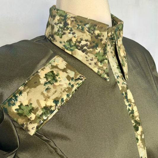 Olive Taffeta with Camouflage Print on Collar, Cuffs and Placket