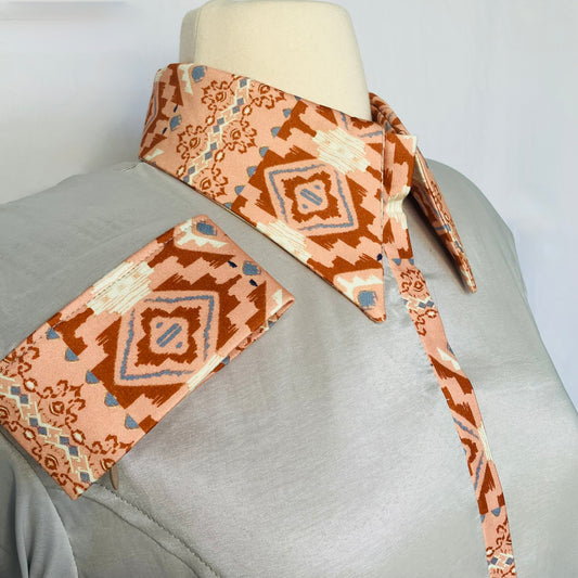 Silver Taffeta with Southwest Print on Collar, Cuffs and Placket